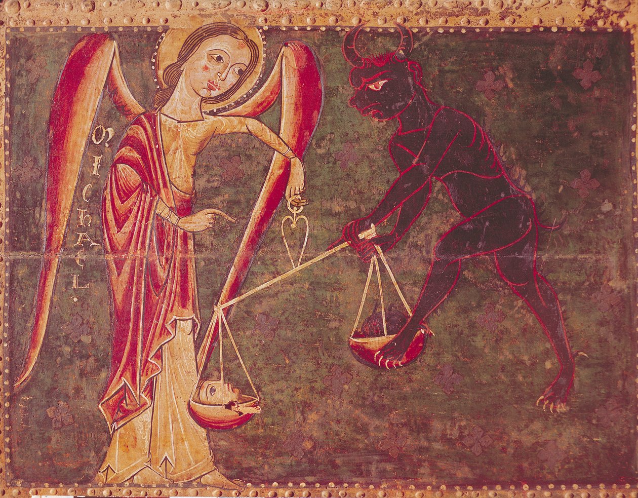 St. Michael Weighing Souls, arkkienkeli Mikaelille omistetusta alttaritaulusta, n. 1200 (tempera paneelissa) tekijältä Master of the Llusanes