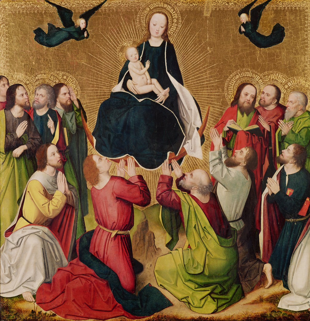 Neitsyt kunniassa apostolien kanssa, triptyykin keskustaulu, 1400-luvun loppu (paneeli) tekijältä Master of the Lyversberg Passion