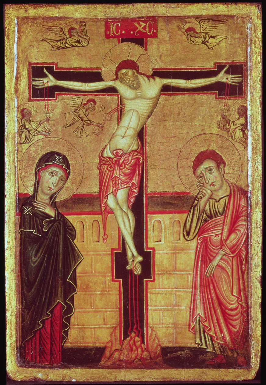 Kristus ristillä, Neitsyt Marian, Pyhän Johannes evankelistan ja viiden enkelin kanssa (tempera paneelissa) tekijältä Master of the Magdalene Altarpiece