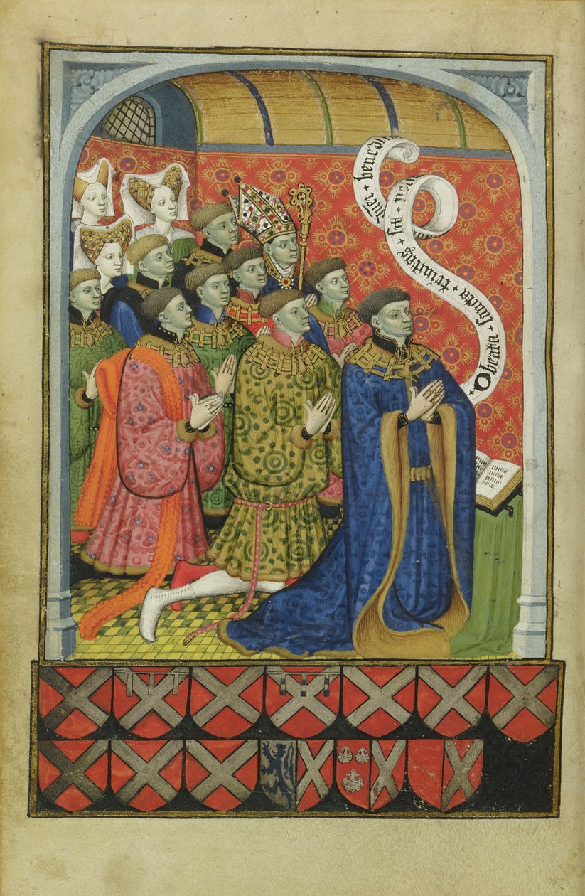Lat 1158 f.27v Nevillen perhe rukouksessa, Nevillen tuntikirjasta, 1430-35 tekijältä Master of the Munich Golden Legend