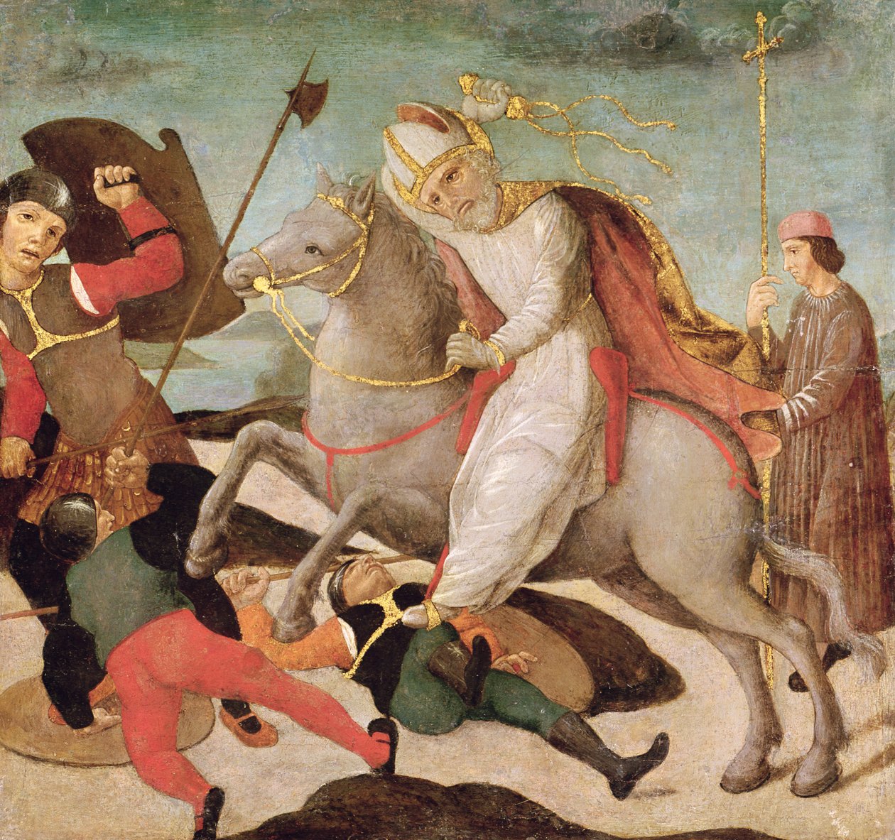 Pyhän Ambroseen ilmestyminen Milanon taistelussa, n. 1495 tekijältä Master of the Pala Sforzesca