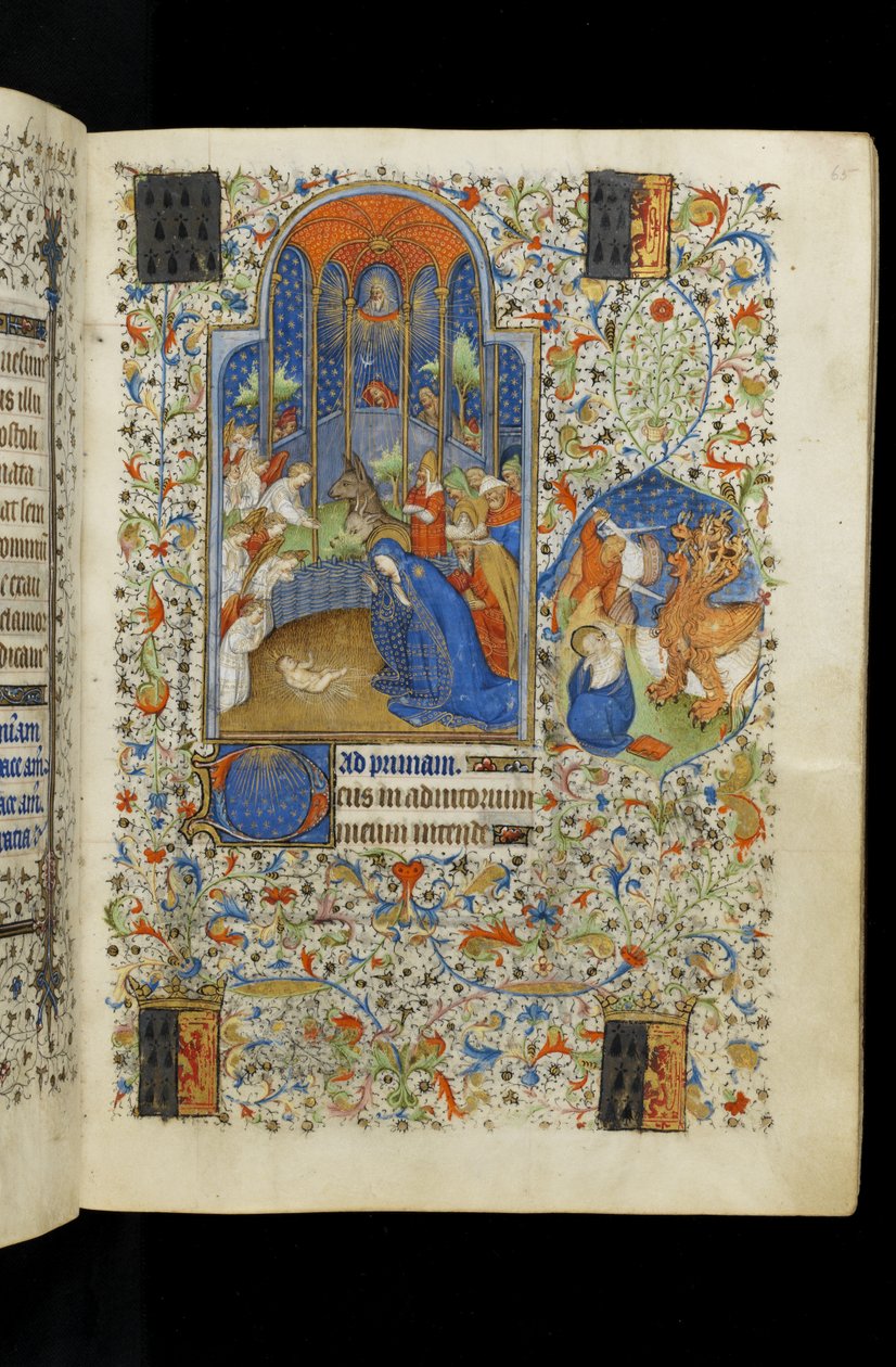 Ms 62 f.65r Neitsyt ja Joosef palvovat Kristus-vauvaa, Tuntikirjasta, n. 1418 tekijältä Master of the Rohan Hours