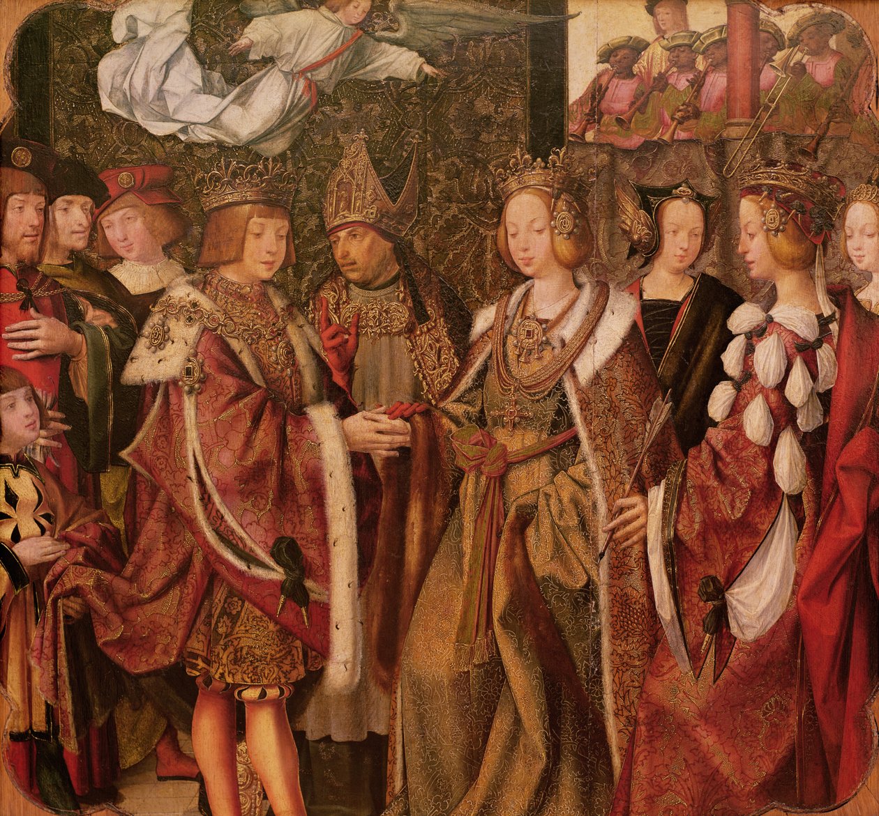 Pyhä Ursula ja prinssi Etherius tekevät juhlallisen lupauksen toisilleen, paneeli St. Auta alttaritaulusta, n. 1520 (yksityiskohta) tekijältä Master of the St. Auta Altarpiece