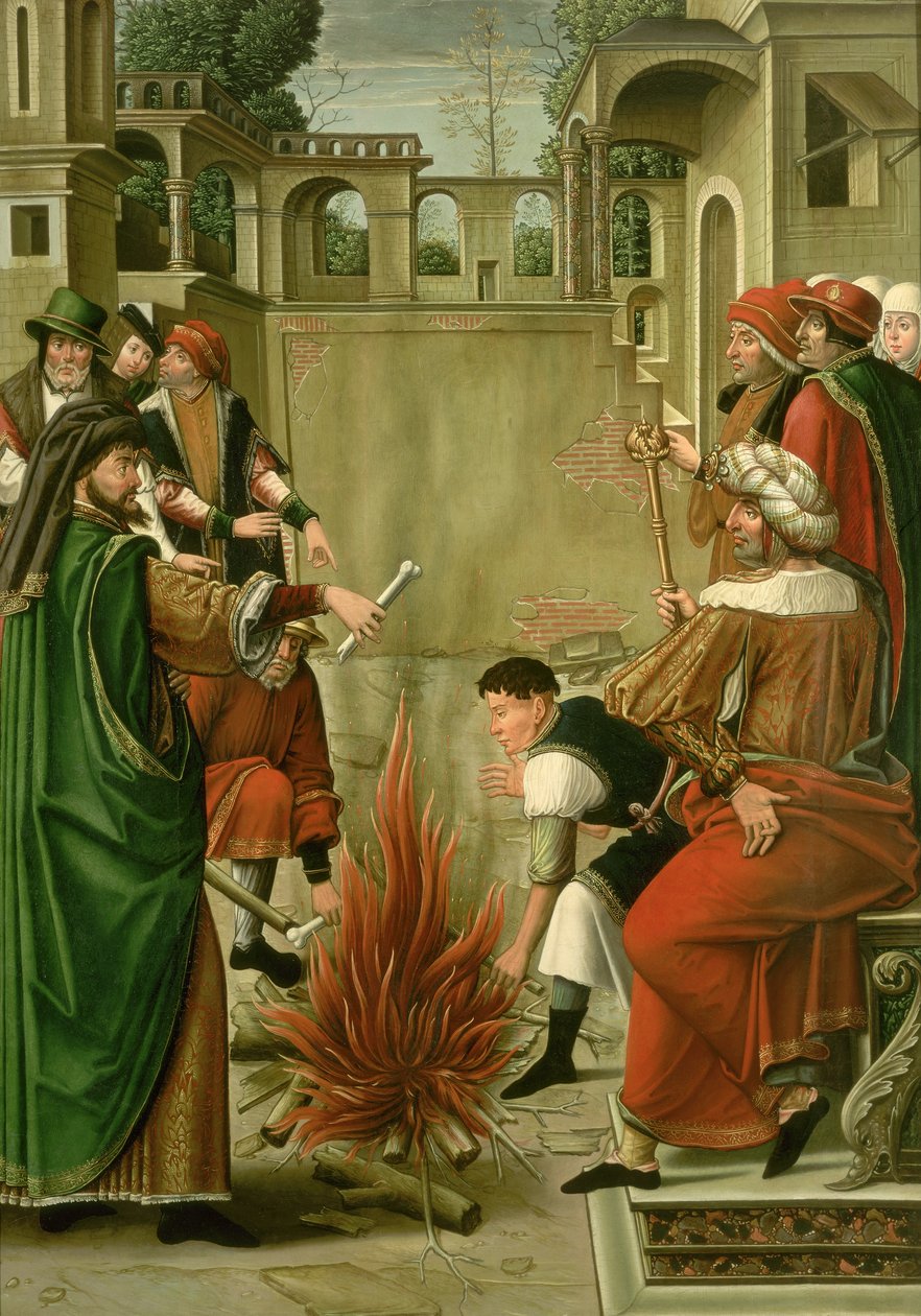 Keisari Julianus luopio polttaa Johannes Kastajan luut (paneeli). tekijältä Master of the St. Johns Retable