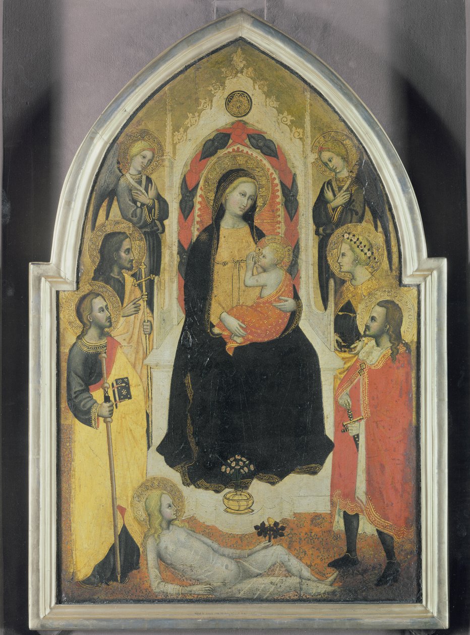 Neitsyt ja lapsi enkelien ja pyhimysten kanssa, n. 1390-1395 (tempera paneelissa) tekijältä Master of the Straus Madonna