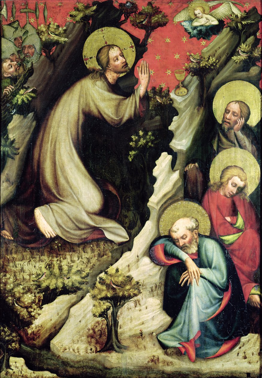 Jeesus Getsemanen puutarhassa, Trebonin alttaritaulusta, n. 1380 (tempera paneelissa) tekijältä Master of the Trebon Altarpiece