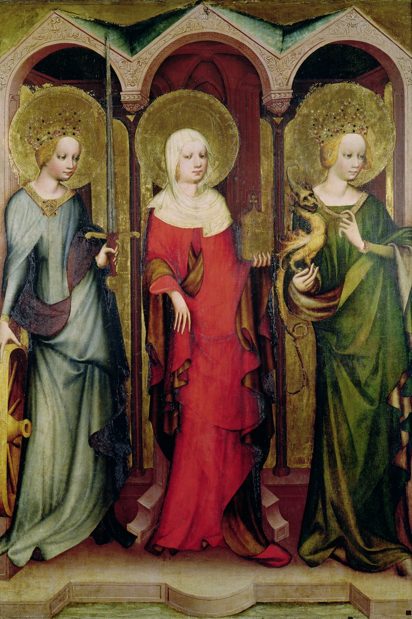 Pyhä Katariina Aleksandrialainen, Pyhä Maria Magdaleena ja Pyhä Margareta Antiokian, noin 1380 (tempera paneelille). tekijältä Master of the Trebon Altarpiece