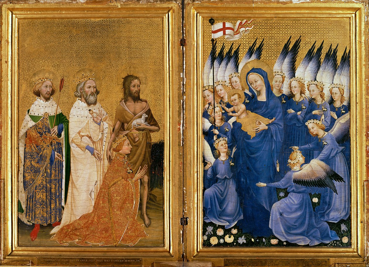 Richard II Esittivät Neitsyelle ja lapselle hänen suojeluspyhimys Johannes Kastaja ja pyhät Edward ja Edmund, n. 1395-1399 (munan tempera tammen päällä) tekijältä Master of the Wilton Diptych