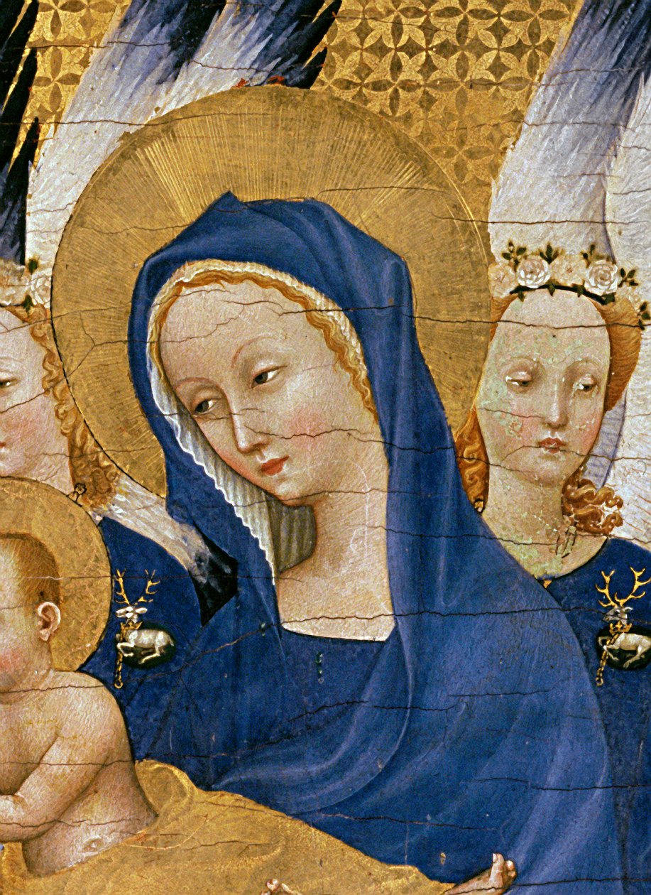 Neitsyt ja lapsi, n. 1395-1399 (munan tempera tammen päällä) (yksityiskohta 3028) tekijältä Master of the Wilton Diptych