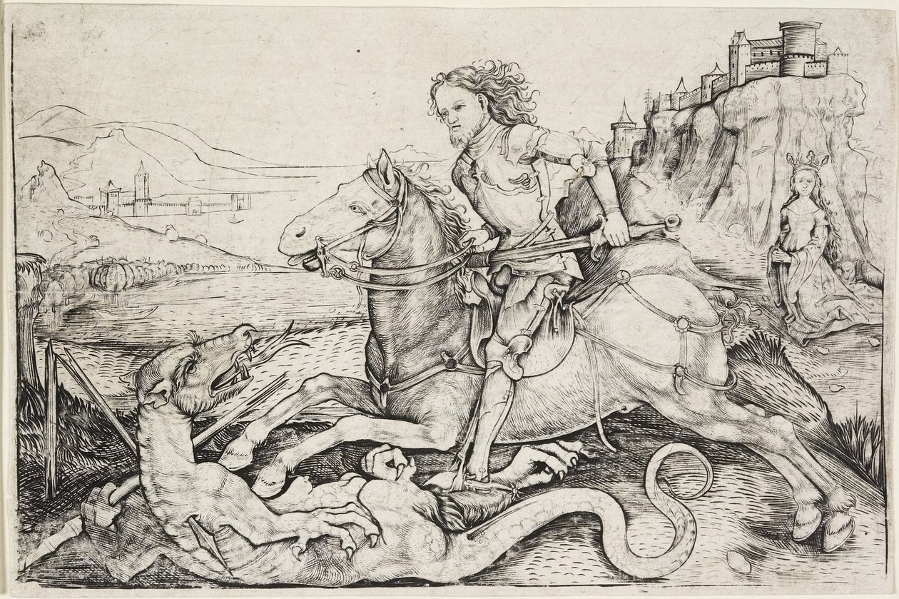 Pyhä Yrjö ja lohikäärme, n. 1480-1490 tekijältä Master A. G.