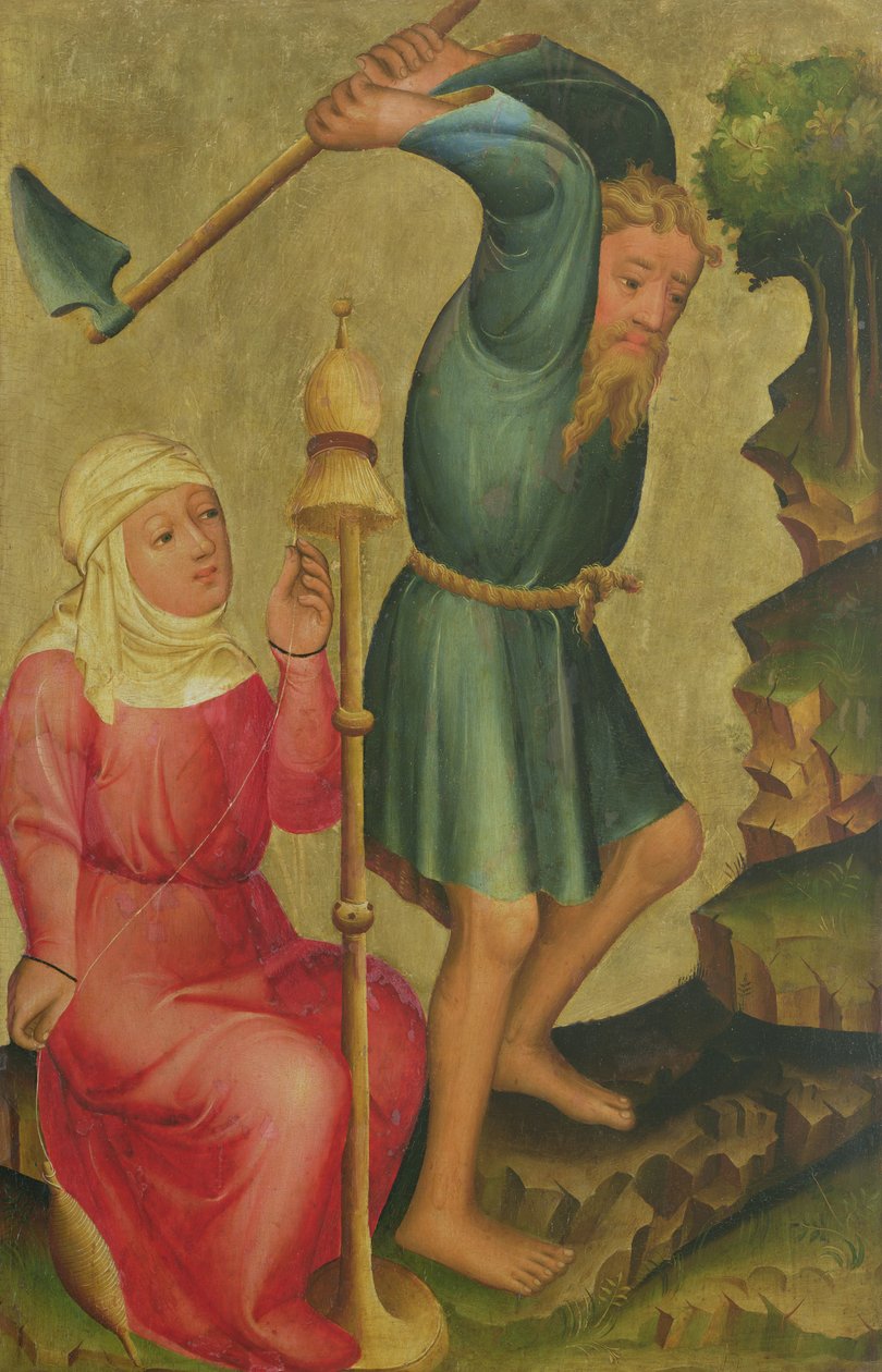 Adam ja Eeva työssä, yksityiskohta Grabow-alttaritaulusta, 1379-83 (tempera paneelissa) tekijältä Master Bertram of Minden