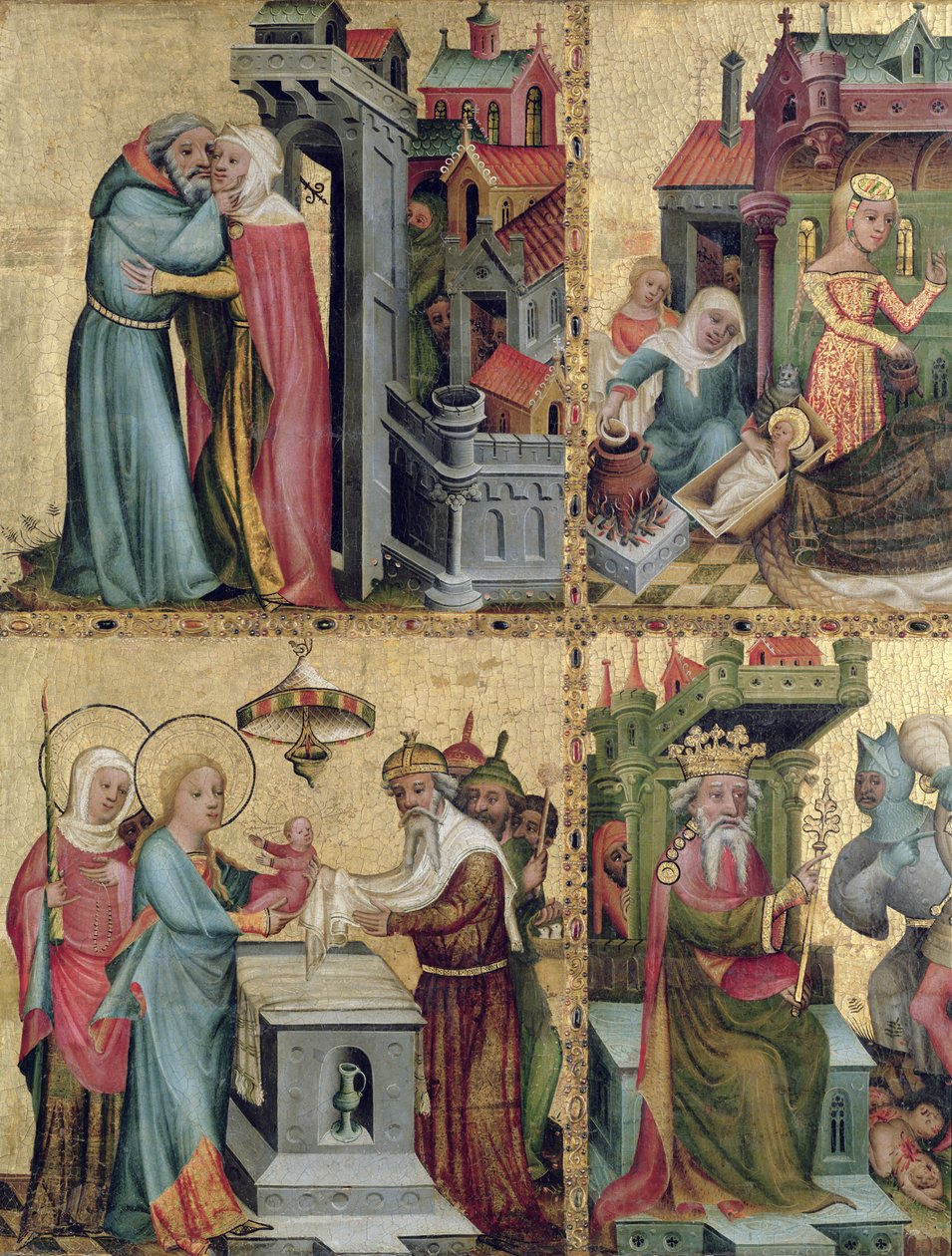 Pagpupulong sa Golden Gate at ang Presentasyon sa Templo, mula sa Buxtehude Altar, 1400-10 (tempera on panel)finn tekijältä Master Bertram of Minden