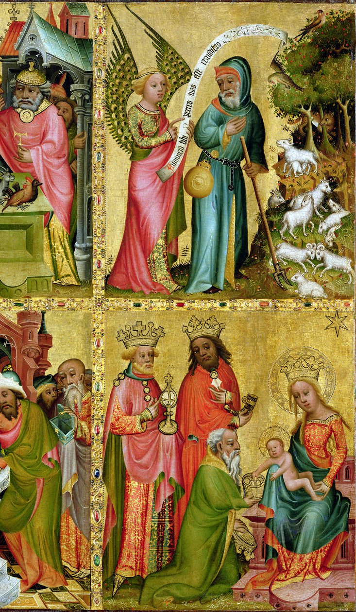 Ilmoitus Pyhälle Joakimille ja tietäjien palvonta, Buxtehuden alttarin vasemmasta siivestä, 1400-10 (tempera paneelissa) (yksityiskohta 159469) tekijältä Master Bertram of Minden
