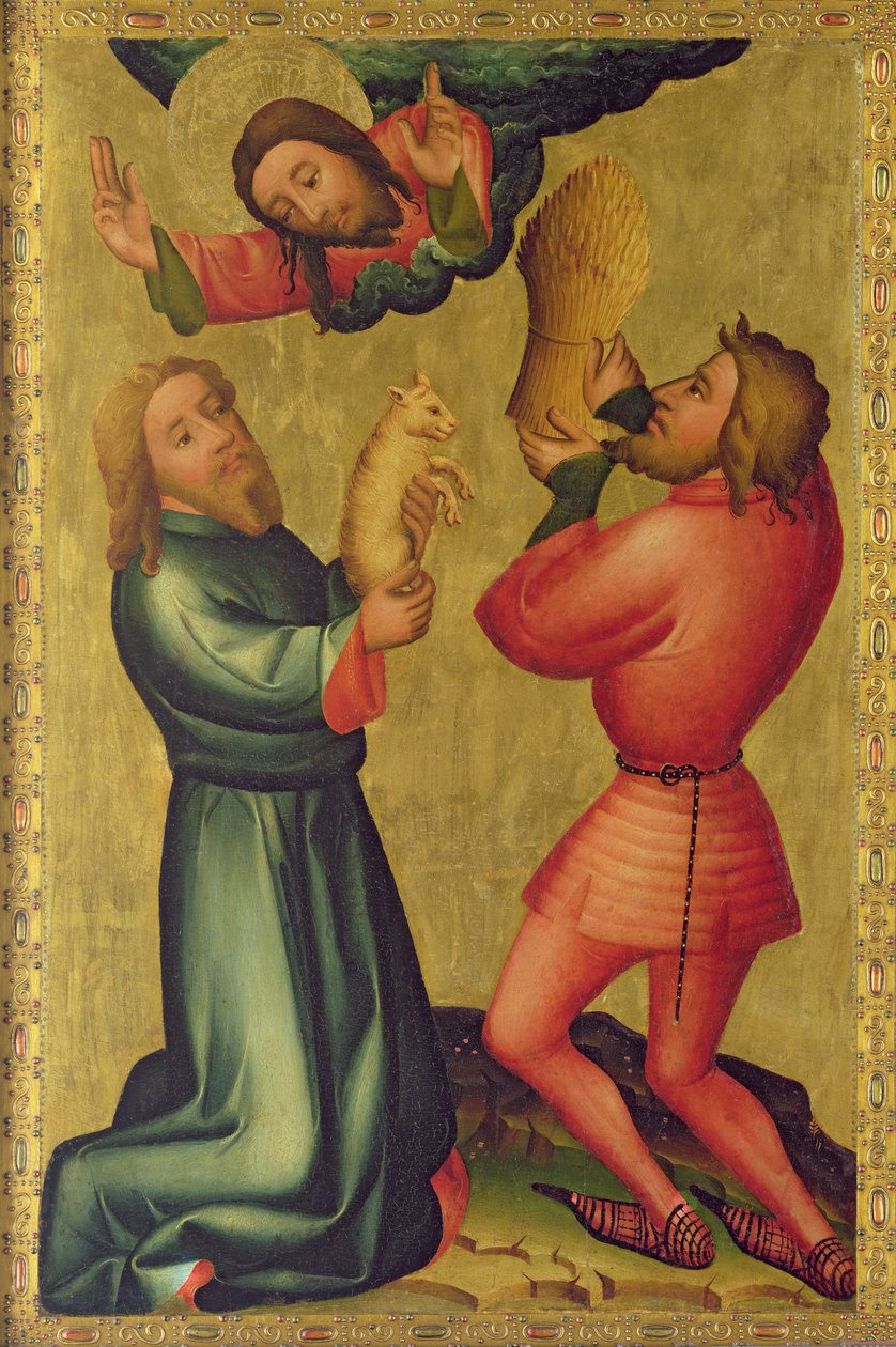 Kainin ja Abelin uhrit Pyhän Pietarin alttarilta Hampurissa, Grabowerin alttari, 1383 (tempera paneelissa) tekijältä Master Bertram of Minden