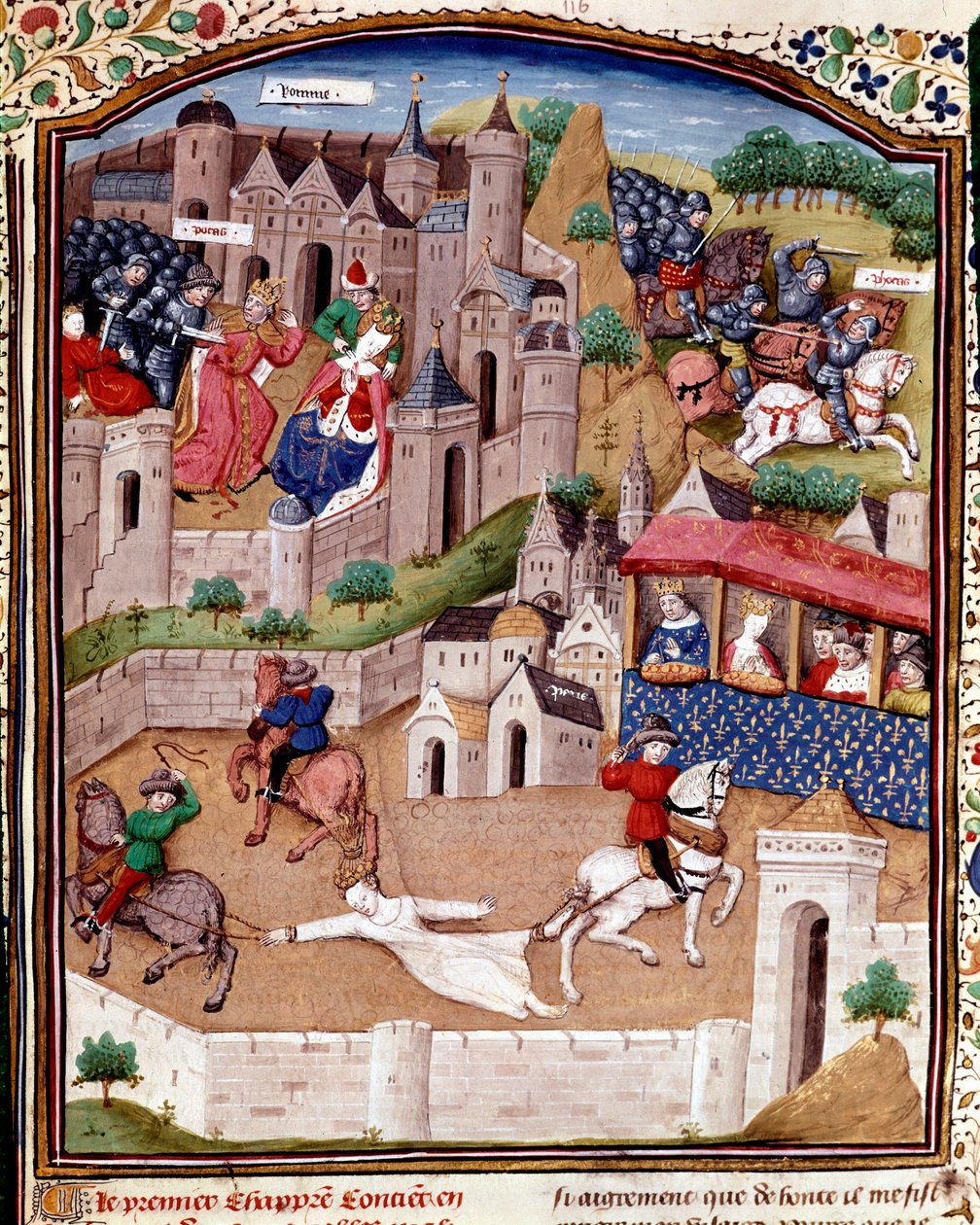 Brunehautin kärsimys Merovingien kuningatar Brunehilde (543-613) poistetaan kolmella hevosella kuningas Clotaire (Clothaire) Boccaccion ( tekijältä Master Dunois