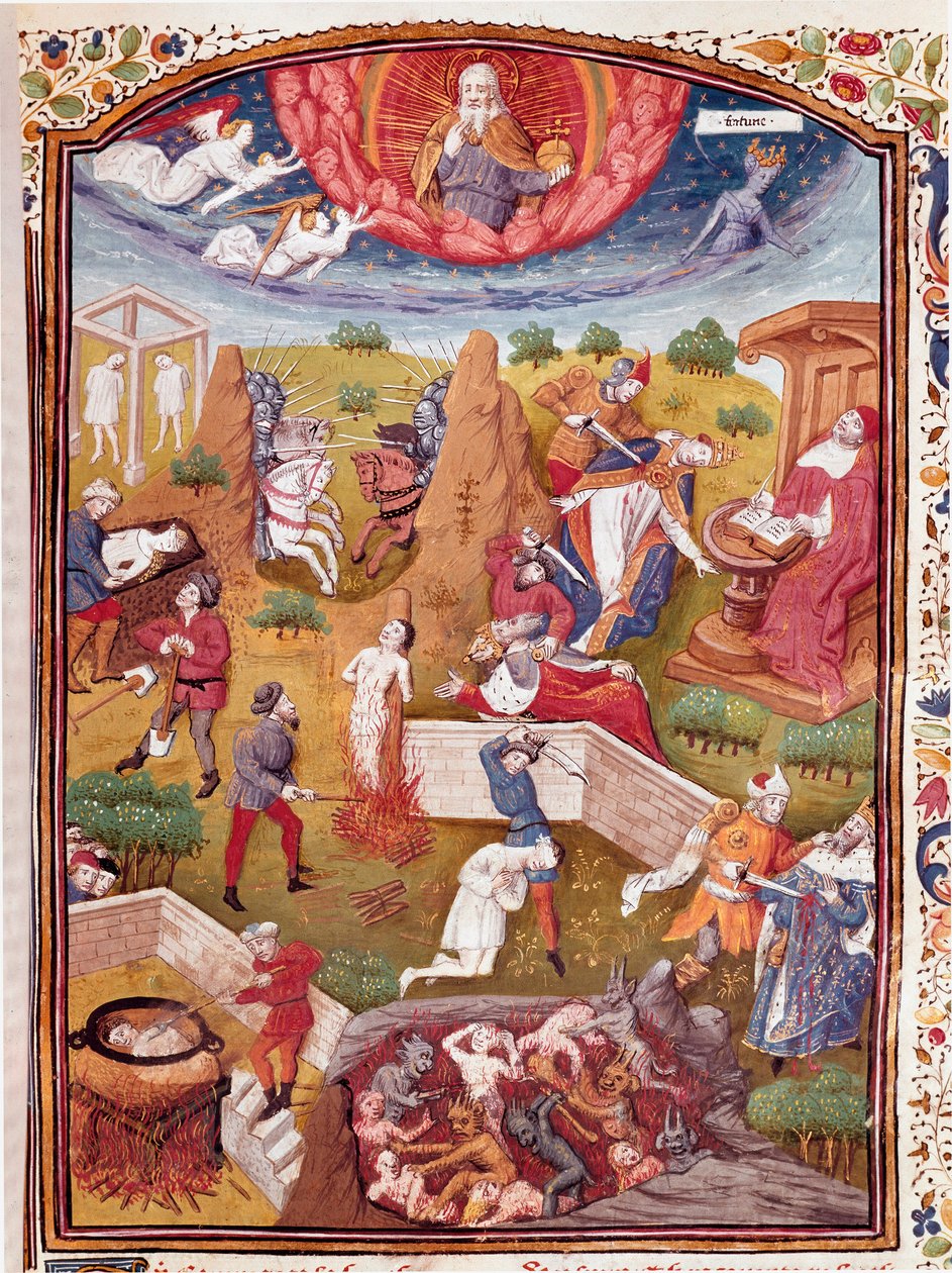 Visio Boccacesta: kidutuksen, hirttämisen, verilöylyn kohtaus Miniatyyri otettu julkaisusta "Jalomiesten ja -naisten onnettomuuksien tapaukset" (De casibus), italialainen kirjailija Giovanni Boccaccio dit Jean Boccace (1313-1375), kääntänyt Laurent de Prem tekijältä Master Dunois
