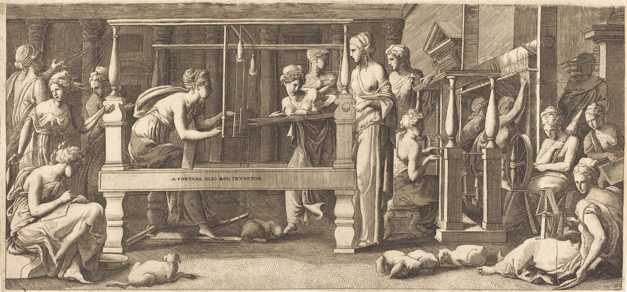 Penelope ja hänen palvelijatovereidensa kudonta tekijältä Master FG, after Francesco Primaticcio