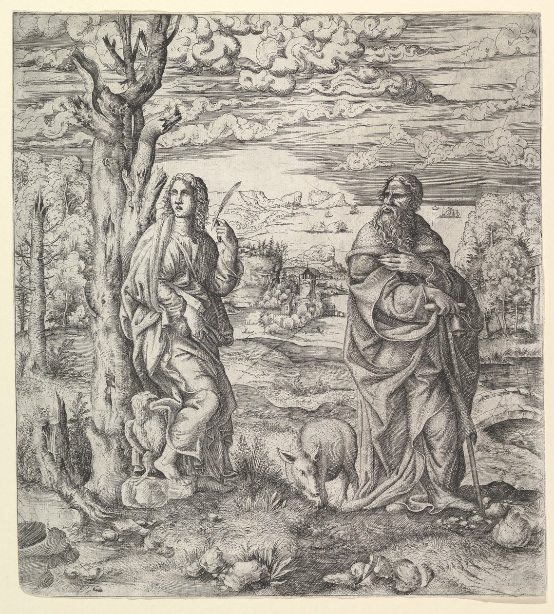 Pyhä Johannes ja Anthony maisemassa, n. 1544-45. tekijältä Master IQV