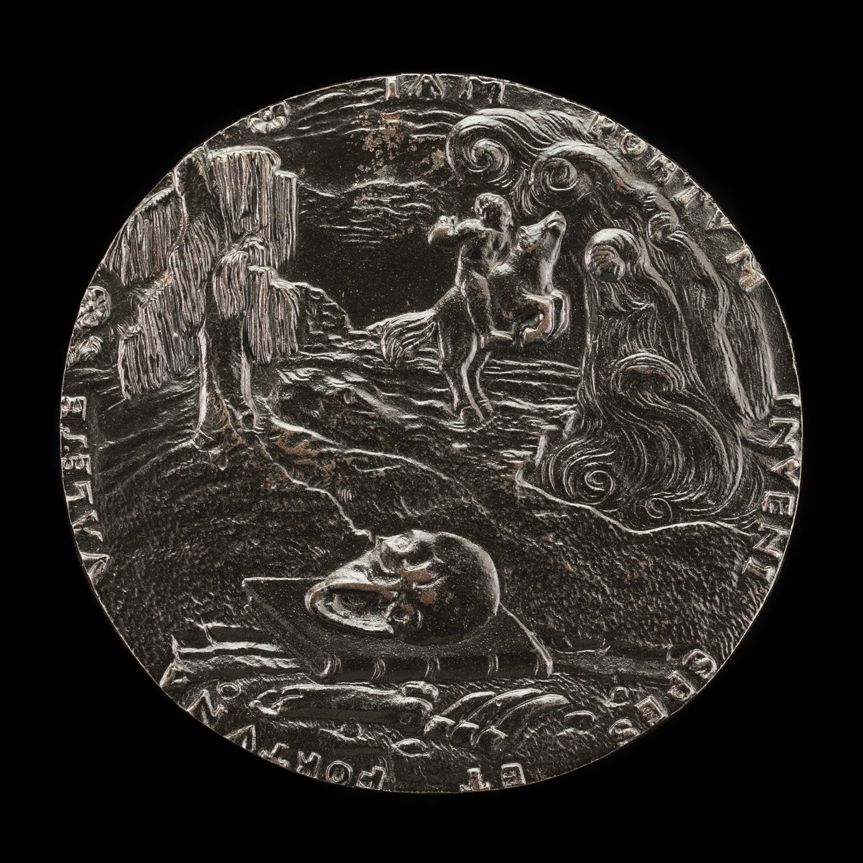 Kirja, pääkallo, luut ja ratsastaja maisemassa [käänteinen], 1526. tekijältä Master M.P.