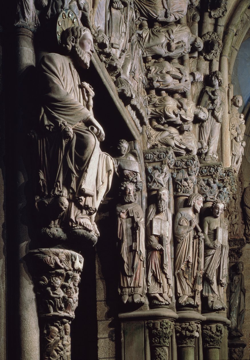 Yksityiskohta Pyhää Jaakobia esittävästä Portico de la Gloriasta, 1200-luvun kivi. tekijältä Master Mateo