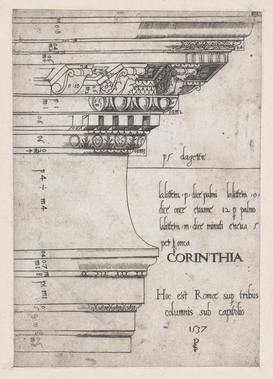 Roomalaisen loiston peili: Entablature Castorin ja Polluxin temppelistä, Rooma, 1537, 1537 tekijältä Master PS