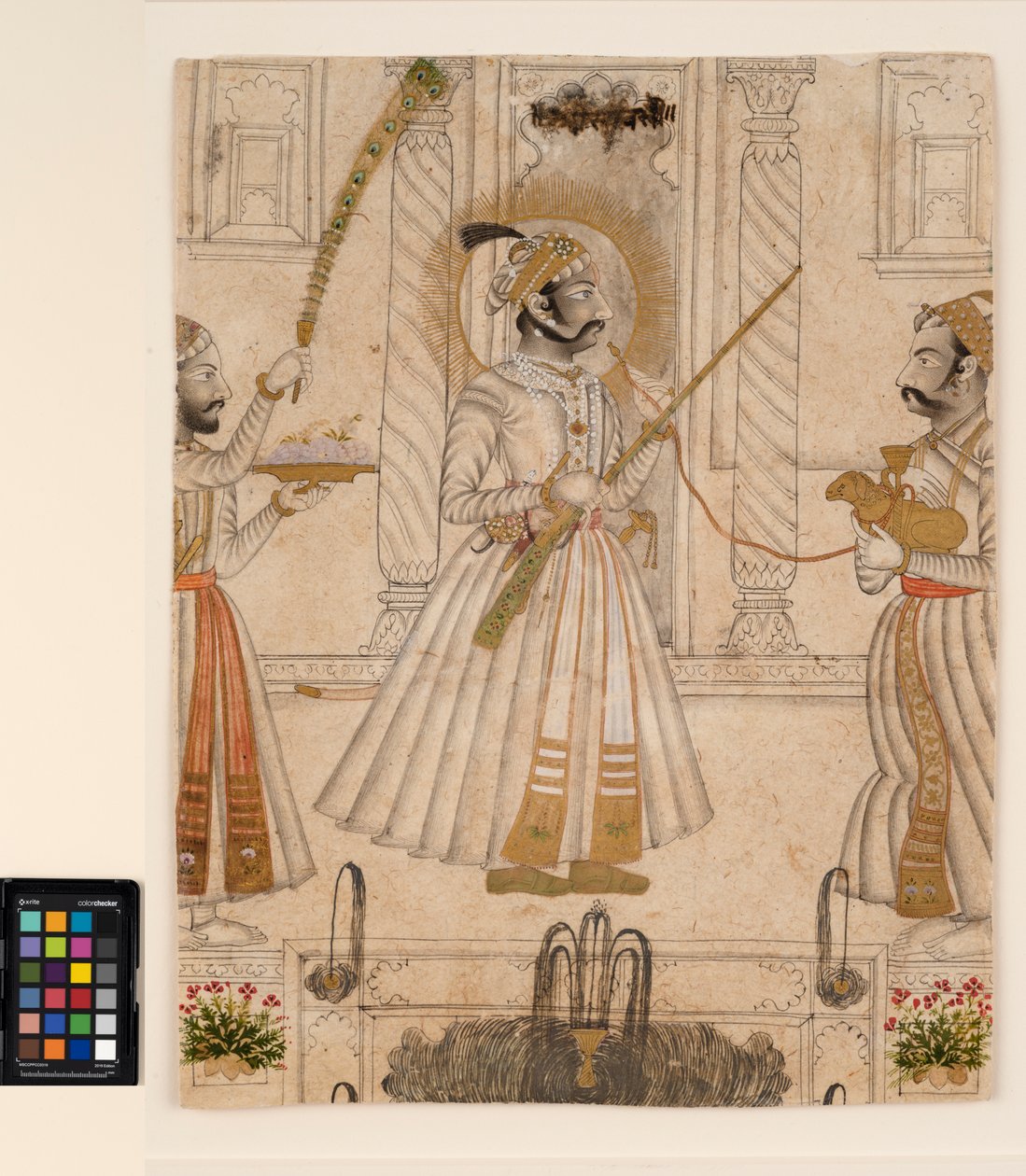 Maharana Amar Singh II polttaa lampaan muotoista vesipiippua, n. 1705 (läpinäkymätön akvarelli ja kulta paperilla) tekijältä Master Stipple