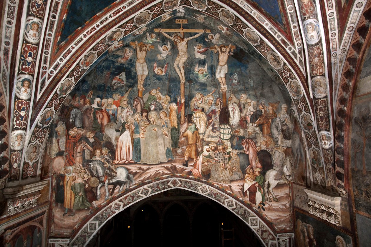 Sacro Specon mestarin ristiinnaulitsemisen fresko. 1300-luvulla. Ylempi kirkko. Pyhän Benedetton luostari (Sacro Speco), Subiaco (Rooma), Italia tekijältä Master Trecentesco of Sacro Speco School