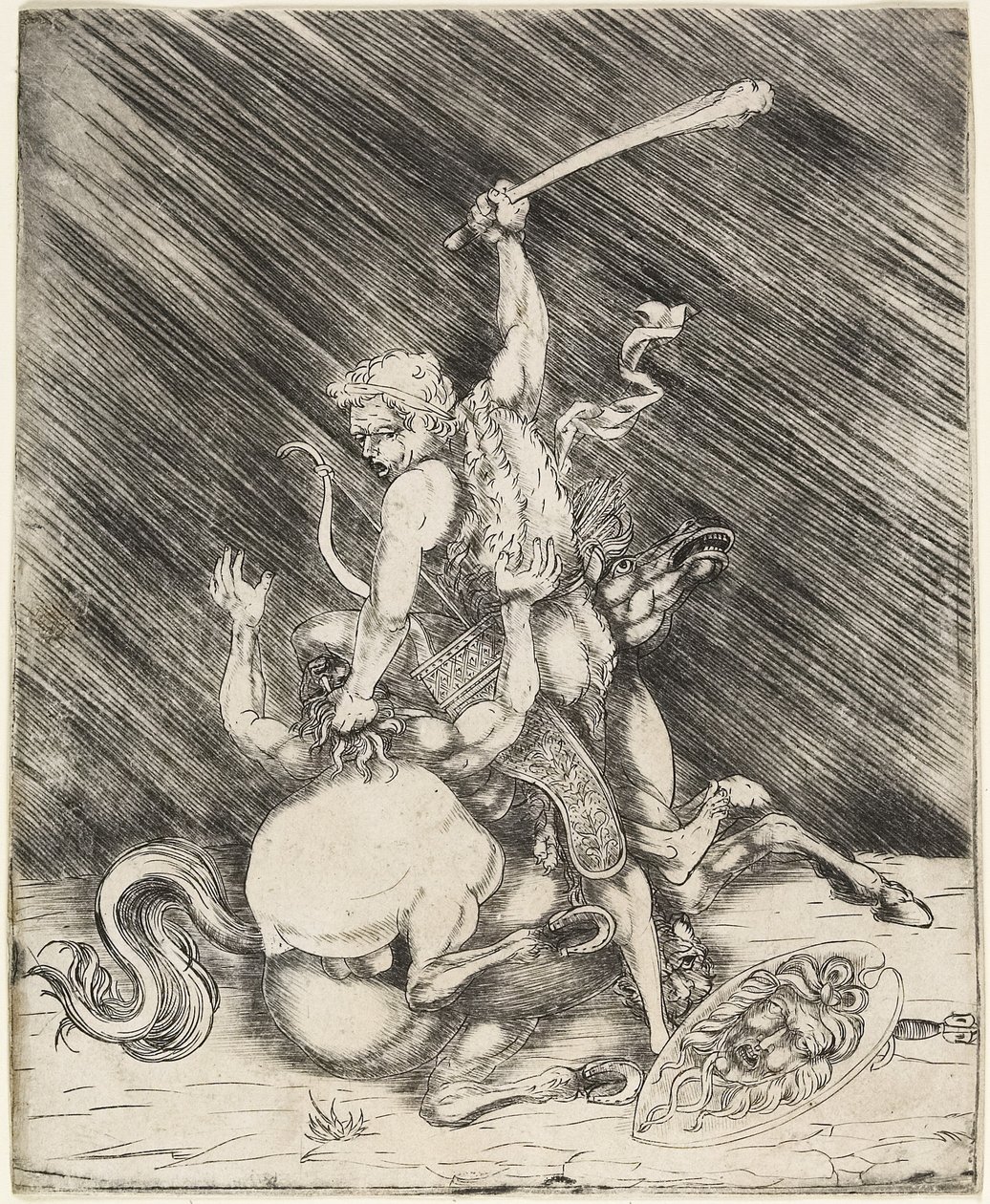 Hercules ja Cacus, n. 1505-1520 (kuivapiste-etsaus) tekijältä Master of 1515