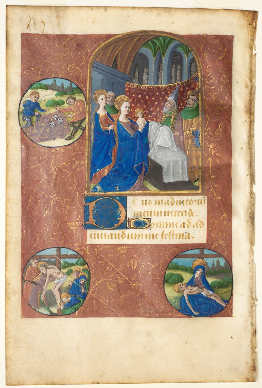 Lehti tuntikirjasta: esitys temppelissä eränheiton pyöreillä..., c1460 tekijältä Master of Adélaïde de Savoie