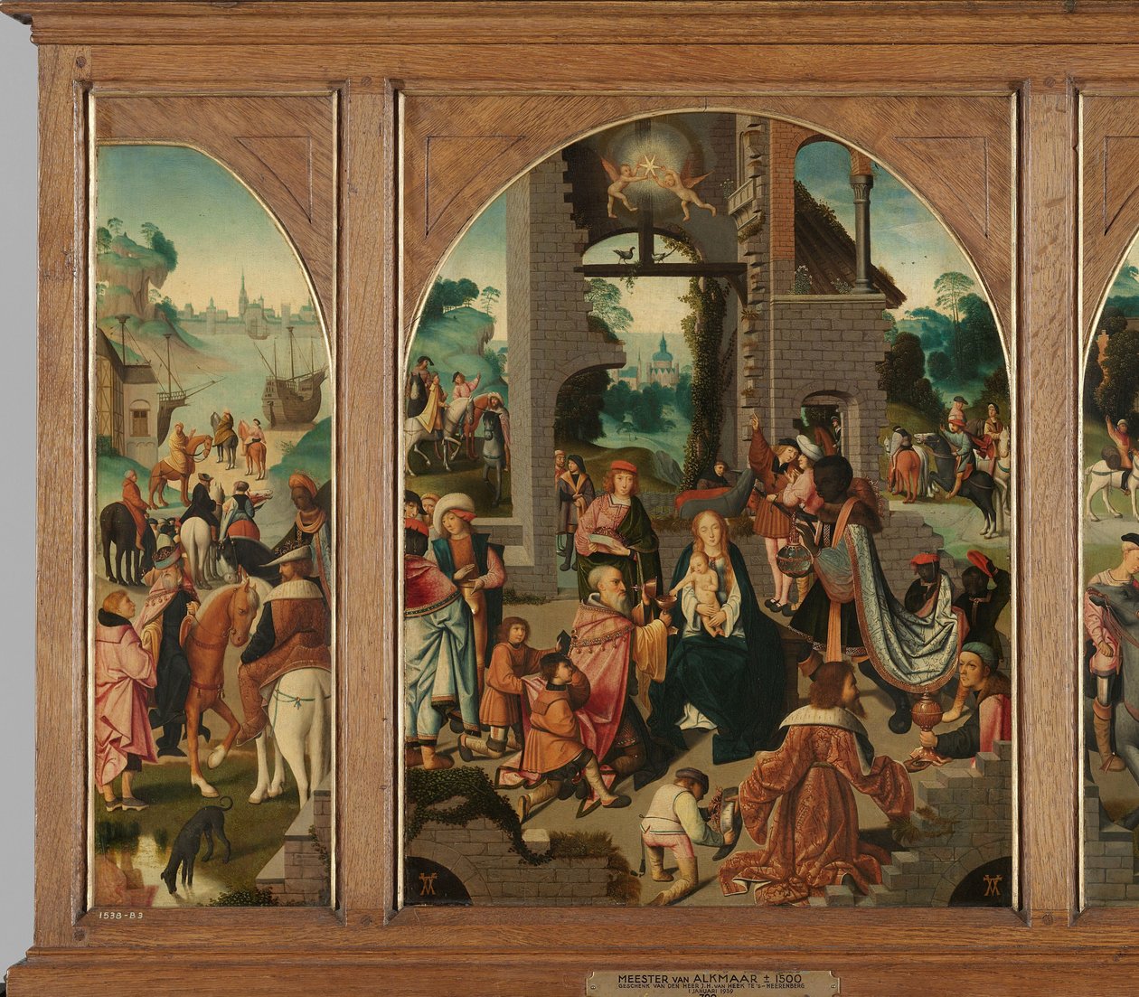 Triptyykki, jossa on tieteiden palvonta (keski- ja sisäsiipi), Saint Antony Abbot (vasen, ulkosiipi) ja Saint Adrian (oikea, ulkosiipi) tekijältä Master of Alkmaar (attributed to)