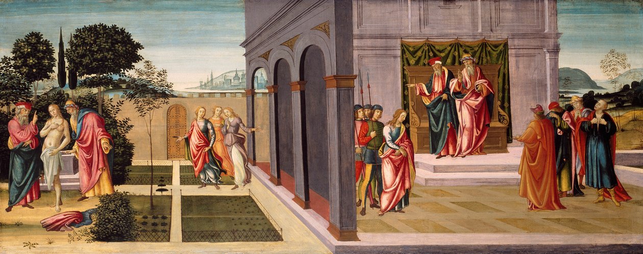 Susanna ja vanhimmat puutarhassa ja Susannan oikeudenkäynti vanhimpien edessä tekijältä Master of Apollo and Daphne