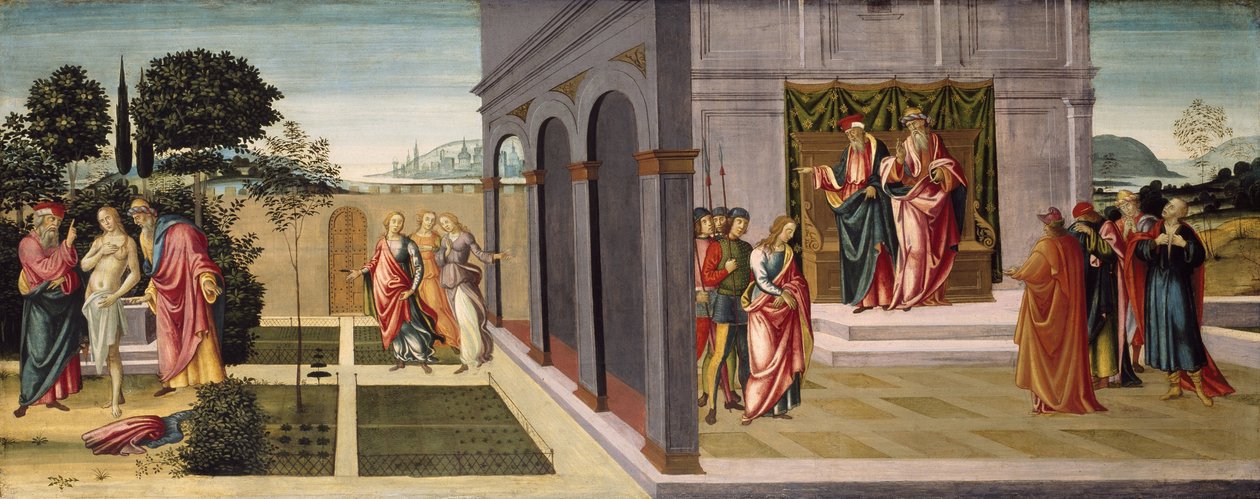 Susanna ja vanhimmat puutarhassa ja Susannan oikeudenkäynti vanhimpien edessä, n. 1500 tekijältä Master of Apollo and Daphne