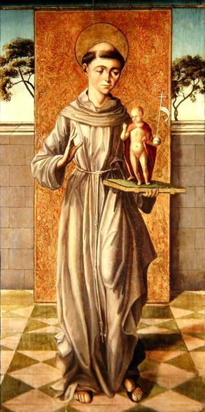 Pyhä Anthony Padovalainen Kristus-lapsen kanssa (öljy paneelissa) tekijältä Master of Astorga