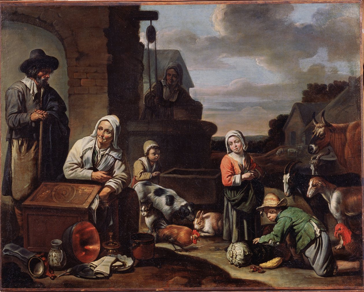 Talonpojat kaivolla. Beguinesin mestarin maalaus (1600-luvun puoliväli). Öljy kankaalle, 94 x 119 cm, 1600-luvun toinen puoli. Ranskalainen taide, barokkitaide. Pushkinin taidemuseo, Moskova. ©FineArtImage/Leemage tekijältä Master of Beguins