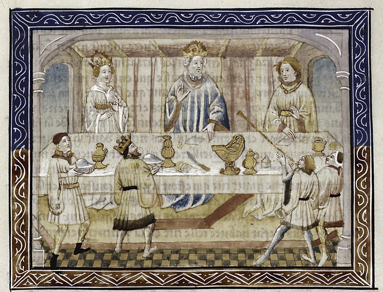 Caesar Augustus, hänen vaimonsa ja poikansa pöydässä Tekijä: Jean Hayton, Tarinoiden kukka itämaista, n. 1410 tekijältä Master of Berry Apocalypse