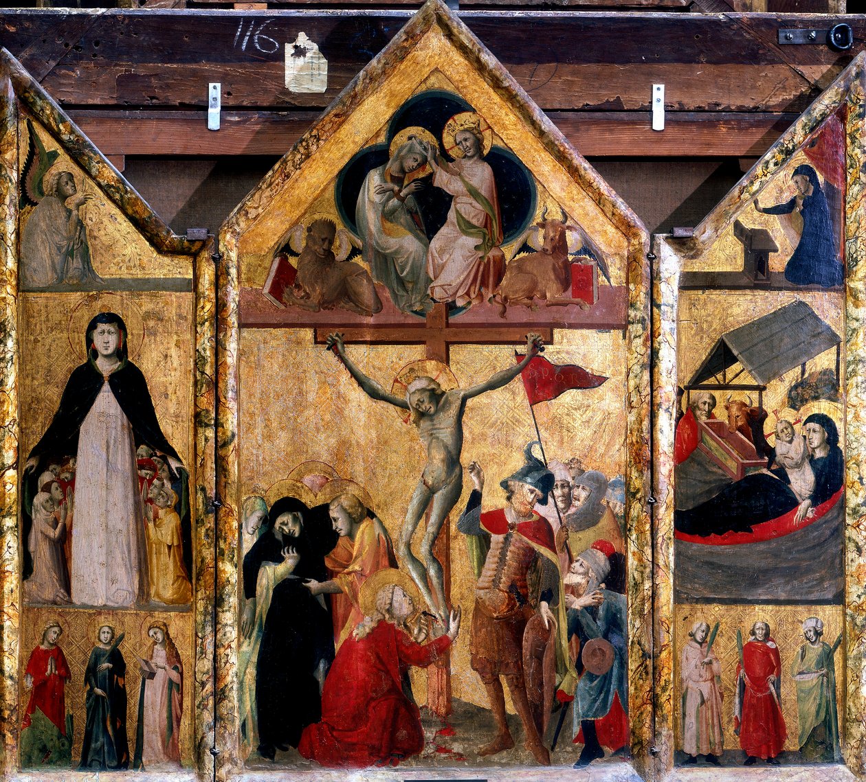 Triptyykki, jossa ristiinnaulitseminen keskipaneelina, c1333 tekijältä Master of Bologna