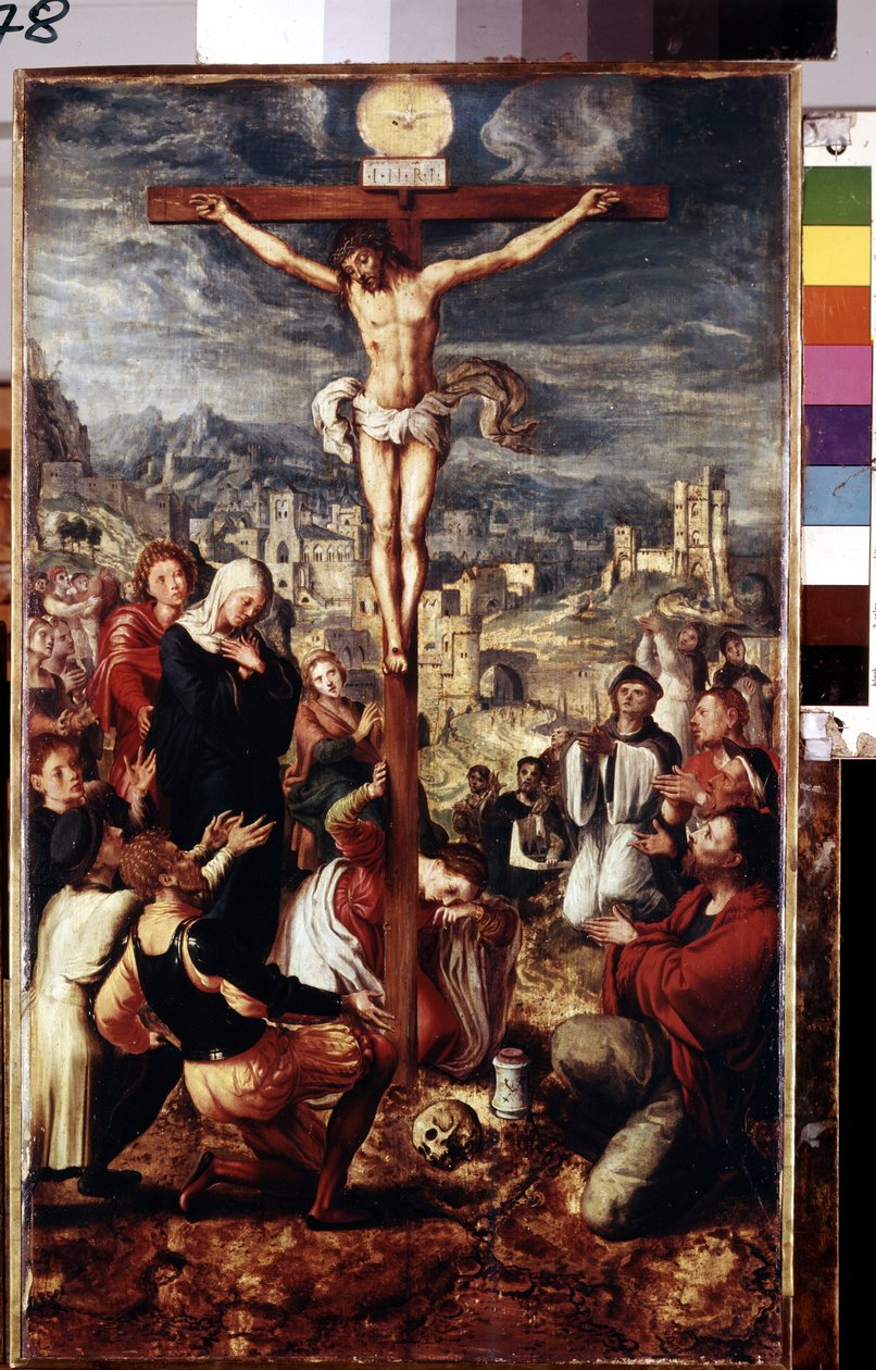 Golgata (Golgata). Rukous ristiinnaulitun Kristuksen ympärillä, taustalla Jerusalemin kaupunki. Kirjoitus "I.N.R.I." (INRI) ristissä ja Pyhän Hengen kyyhkysen yläpuolella. Jeesuksen Kristuksen ympärillä olevien henkilöiden joukossa: Neitsyt Maria, pyhimys tekijältä Master of Brunswick