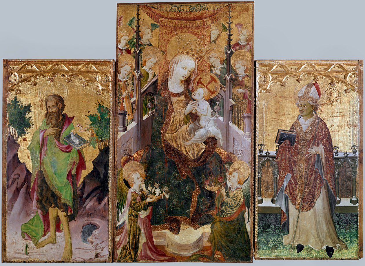 Neitsyt lapsen kanssa, pyhä Johannes Kastaja ja pyhä Ambroseus - alttaritaulu kolmella paneelilla, noin 1430 tekijältä Master of Burgo de Osma