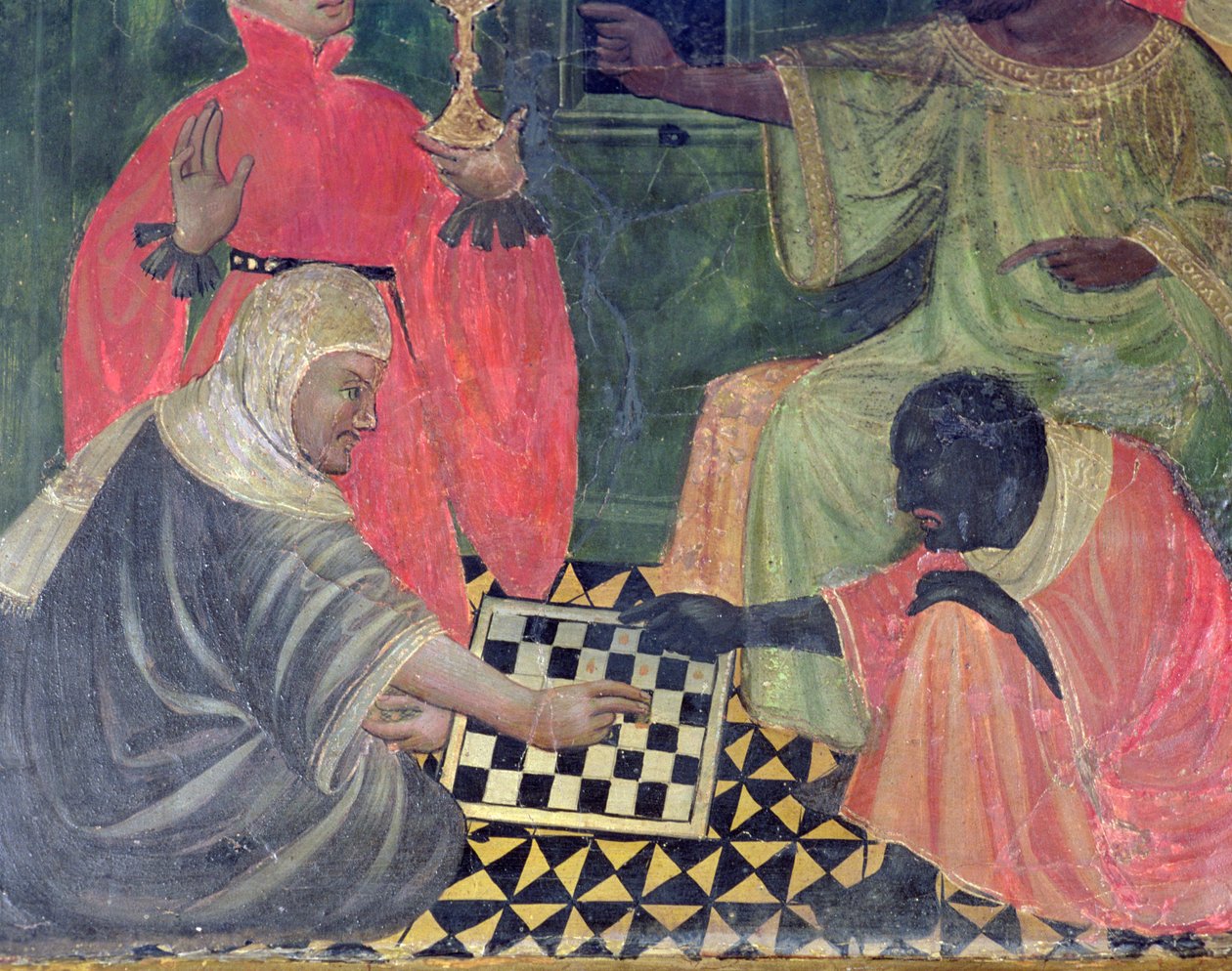 Shakkia pelaava mauri ja kristitty, SS Nicholas, Claire ja Anthony Abbot alttaritaulusta (tempera paneelissa) tekijältä Master of Castellitx