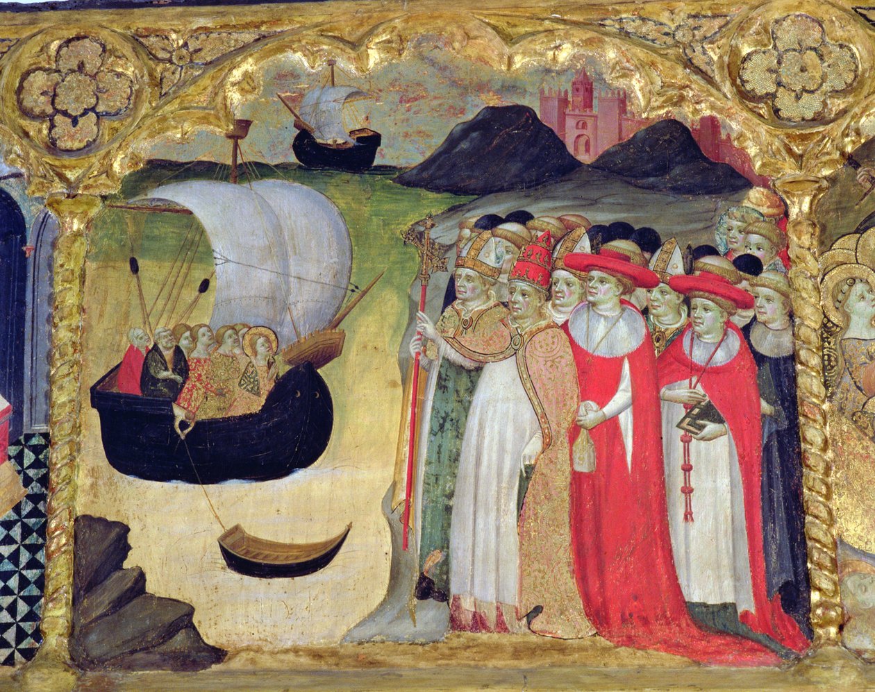Paavi Ciriaco ja hänen hovinsa vastaanottavat pyhimyksen ja hänen palvelijattarensa "Predela de Santa Ursulasta" (tempera paneelissa) tekijältä Master of Castellitx