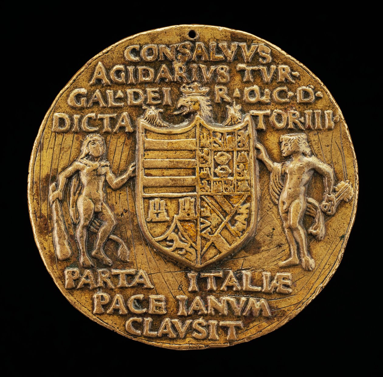 Herculesin ja Januksen tukema kilpi [käänteinen], n. 1503. tekijältä Master of Coriolanus