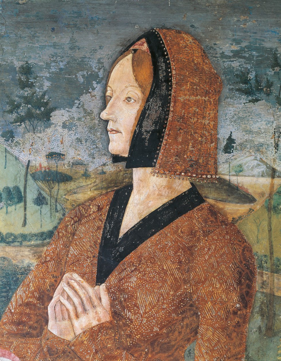 Italia, Piemonten alue, Alessandrian maakunta, Serralunga di Crea, Sacro Monte di Crea, Santa Maria Assuntan pyhäkkö, Pyhän Margaretan Antiokian kappeli Naisen muotokuva tekijältä Master of Crea