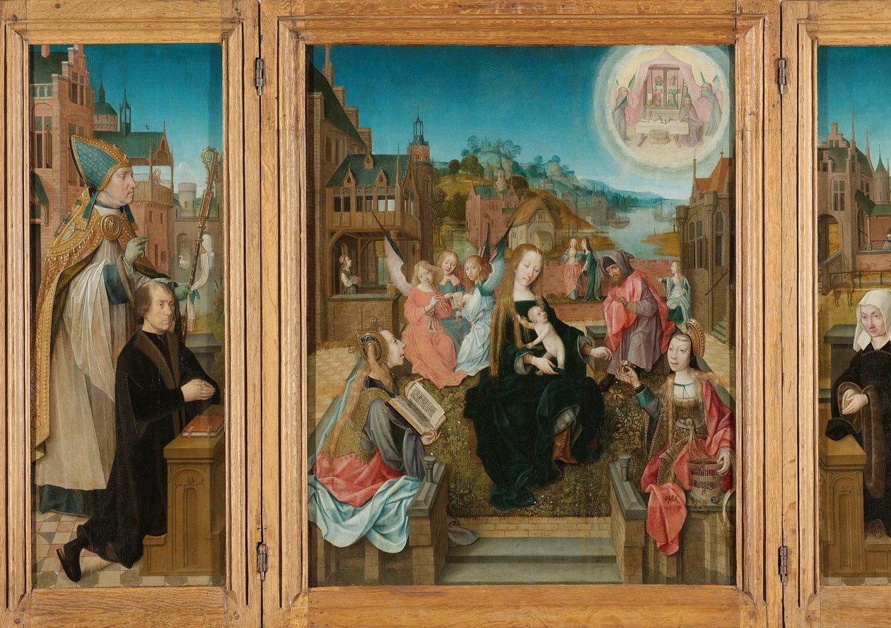 Triptyykki Neitsyt ja lapsi pyhien kanssa (keskellä), mieslahjoittaja Saint Martinin kanssa (vasen, sisäsiipi), naisluovuttaja Saint Cuneran kanssa (oikea, sisäsiipi) ja Annunciation (ulommat siivet) tekijältä Master of Delft