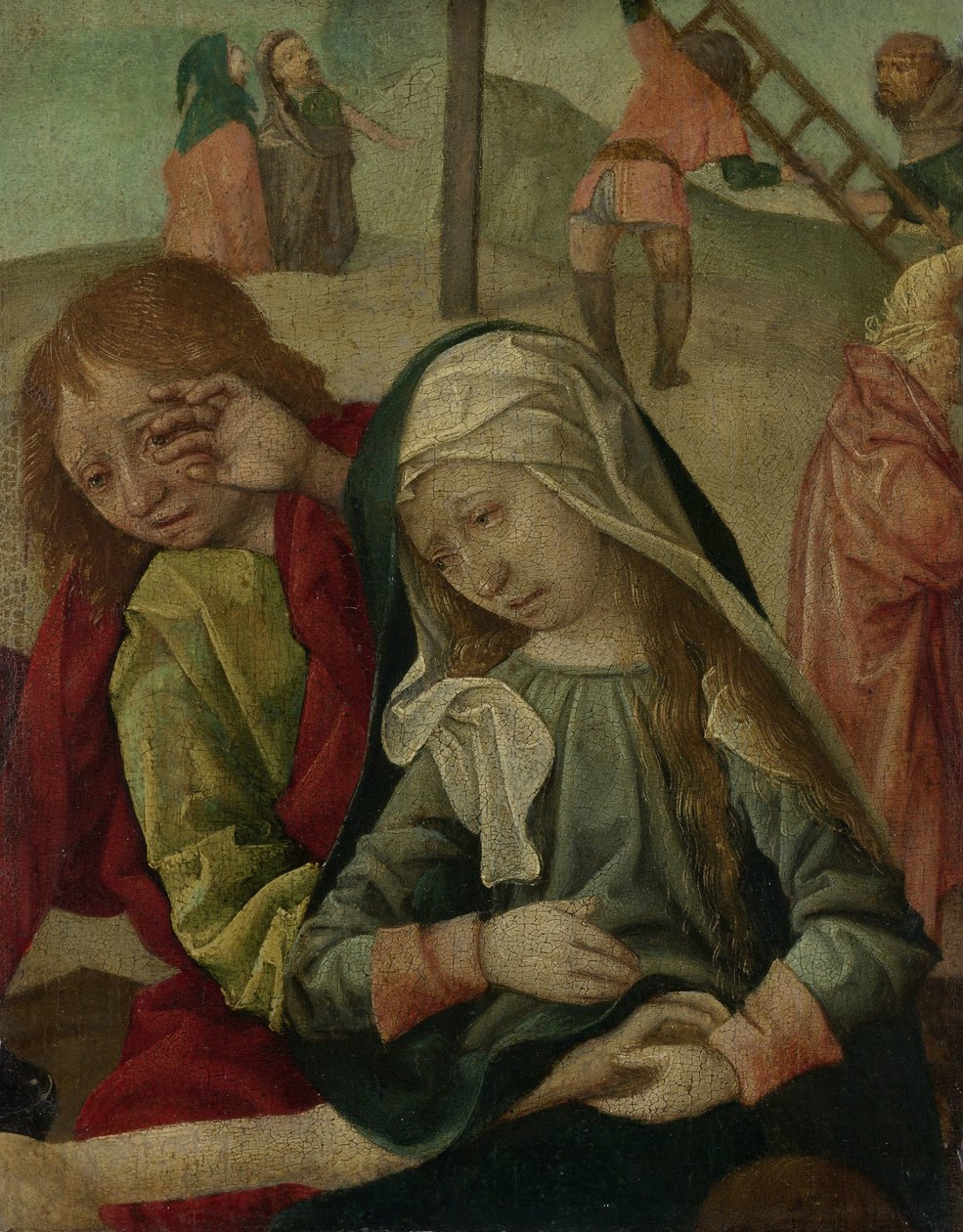 Neitsyt ja pyhä Johannes surevat Kristuksen ruumista, katkelma Kristuksen valitusta tekijältä Master of Delft