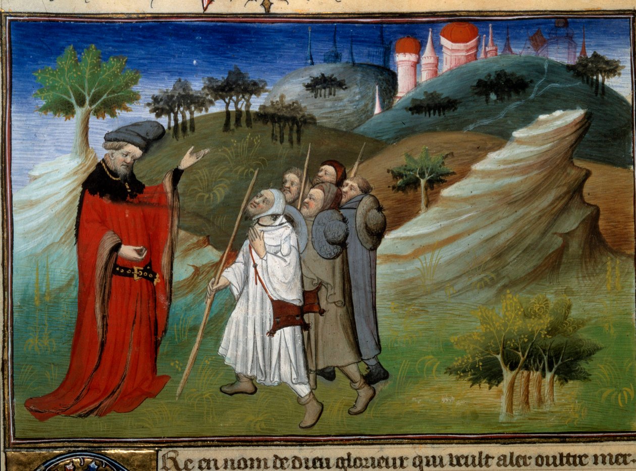 Des pelerins sur la route de la terre sainte Miniatyyri Johnin (Jehan de Mandeville) (1300? - 1372) kirjoittamassa ””matkoissa”, Egertonin mestari, noin 1410-1412, valaisemassa käsikirjoituskokoelmasta (Ms 2810) , Folio 142v.) "" Ihmeiden kirja ja tekijältä Master of Egerton