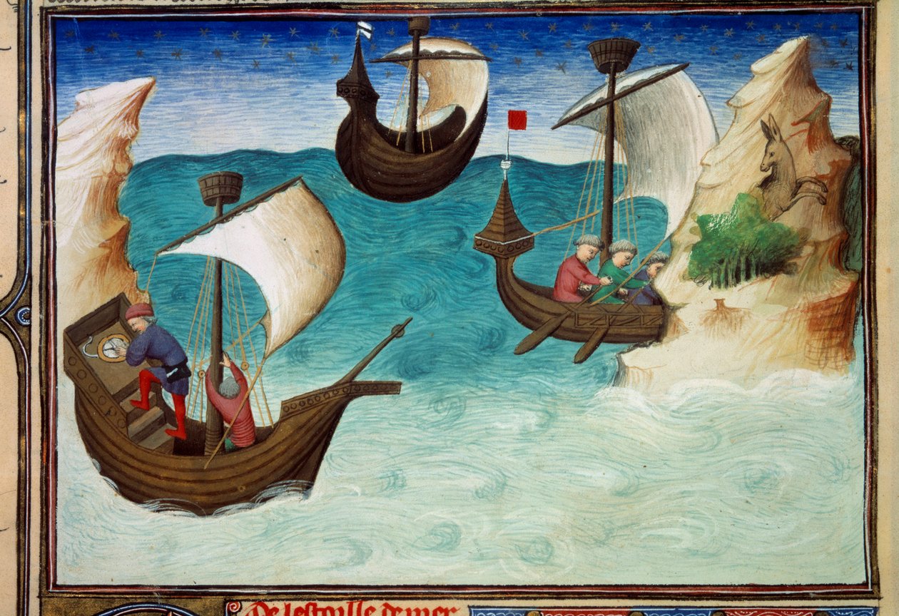 Navigaattorit Intian valtamerellä tähtien ja astrolabien avulla. Miniatyyri teoksessa ”Maailman ihmeiden kirja”, Ms. 2810, folio 188v, Egertonin mestarin valaisema, kirjoittanut John (Jehan) de Mandeville (1300? 1382). Noin 1410-1412. BN, Pariisi tekijältä Master of Egerton