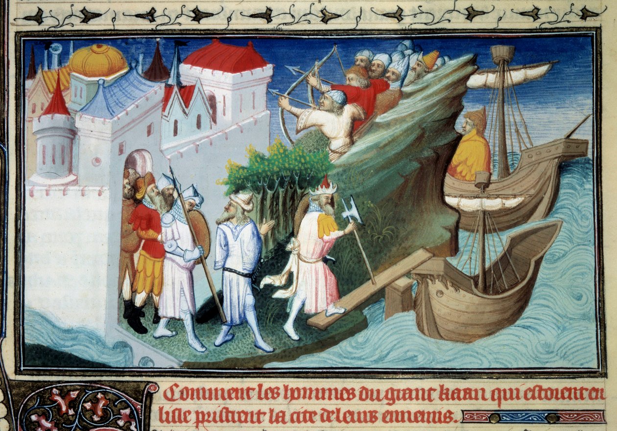 Suurkhaani japanilaisia vastaan tai "Kuinka saarta ympäröivät suuren kahanin miehet valloittivat vihollistensa kaupungin". Miniatyyri otettu Marco Polon (1254-1324) "" The Book of Wonders" -kirjasta. Valaisi Master of Egerton tekijältä Master of Egerton