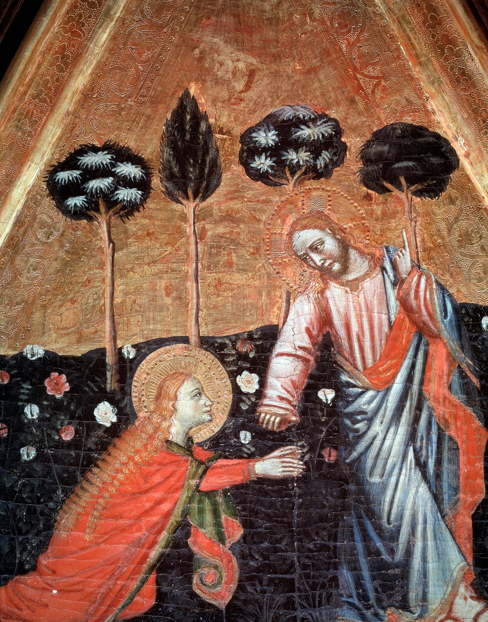 Noli me tangere (Ne me pas touche) Detail du triptyykki Saint Vincent de Estopinan del castillo (pyhän Vincentin Estopinan del castillon triptyykki) Painting du maitre de Estopanya (Estopinanin mestarin maalaus) 1350-1370 Barcelona, ​​​​Museu Nacional d