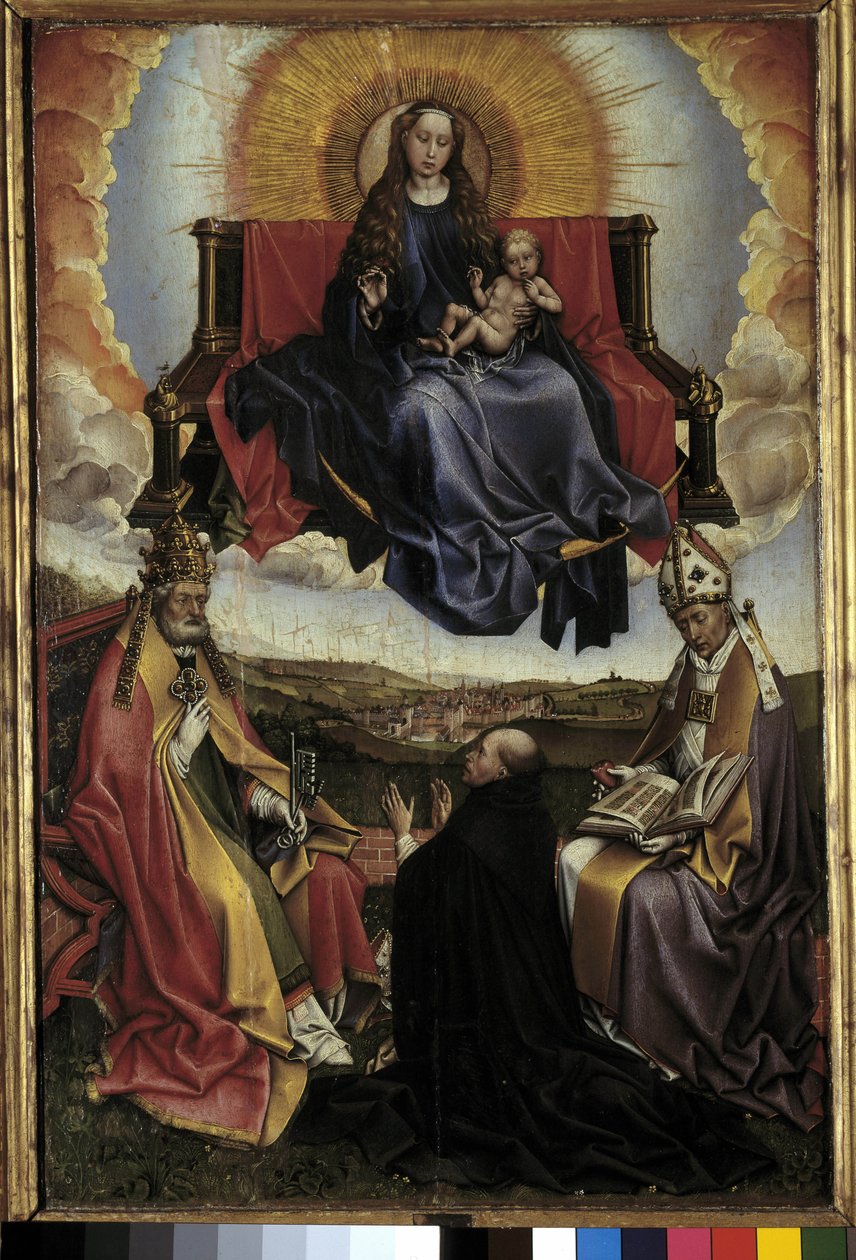 Neitsyt kirkkaudessa Pyhän Pietarin ja Pyhän Augustinuksen välillä. Robert Campinin maalaus nimeltä Flemallen mestari (1378-1444) Musee Granet, Aix en provence tekijältä Master of Flémalle