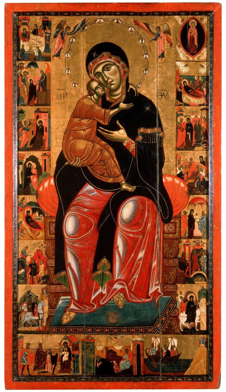 "Madonna ja lapsi valtaistuimella seitsemäntoista kohtauksella neitsyen elämästä", 1200-luku tekijältä Master of Florence